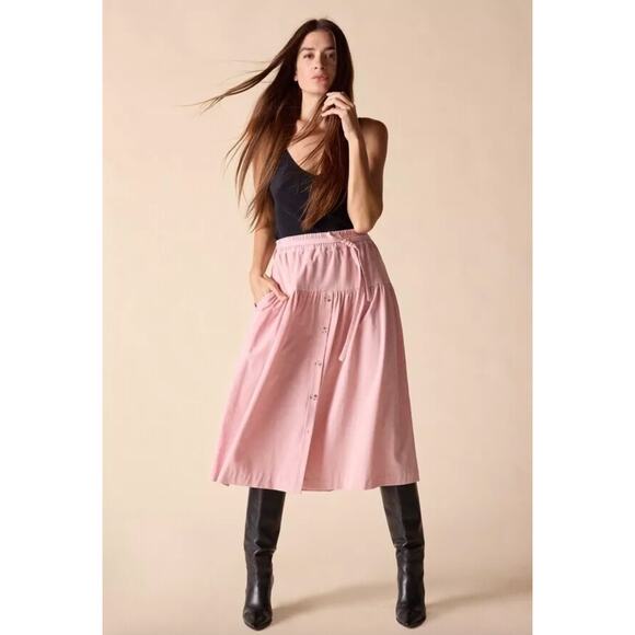 St. Roche Kia Corduroy Midi Skirt Drop Waist Buttons Pink Small Prairie Cottage - Picture 1 of 7